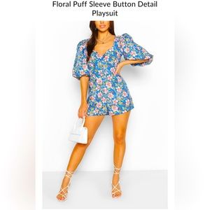NWT Boohoo Floral Puff Sleeve Button Detail Playsuit